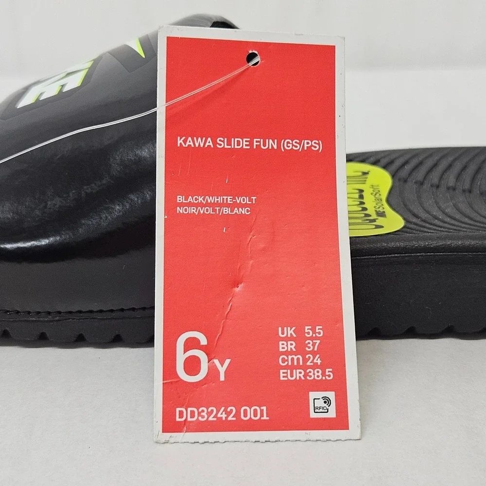 Nike Kawa Slide Fun GS/PS Slide Sandals DD3242-001 Black White Volt Kids Size 6Y
